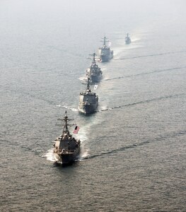 160522-N-YU572-395 WATERS SURROUNDING THE KOREAN PENINSULA (May 21, 2016) The guided-missile destroyer USS Momsen (DDG 92), bottom, Republic of Korea destroyer ROKS Seoae Ryu Seong-ryong (DDG-993), guided-missile destroyer USS Decatur (DDG 73), Republic of Korea destroyer ROKS Yulgok Yi (DDG-992) and Republic of Korea patrol craft ROKS Kwang Myung (PCC-782) steam in formation during a bilateral maneuvering exercise. The destroyers USS Spruance (DDG 111), Momsen and Decatur, with embarked "Devil Fish" and "Warbirds" detachments of Helicopter Maritime Strike Squadron (HSM) 49, are deployed as part of a U.S. 3rd Fleet Pacific Surface Action Group (PAC SAG) under Destroyer Squadron (CDS) 31. (U.S. Navy photo by Mass Communication Specialist 1st Class Jay C. Pugh/Released)