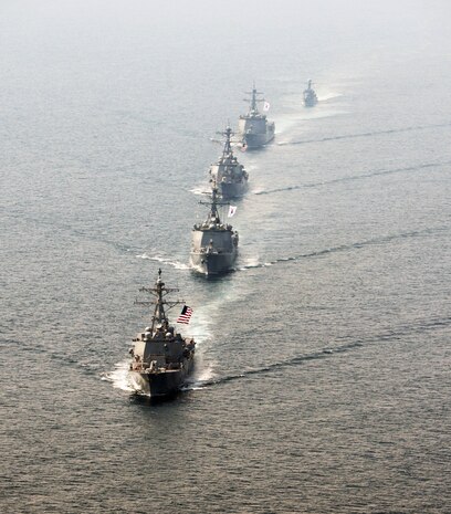 160522-N-YU572-395 WATERS SURROUNDING THE KOREAN PENINSULA (May 21, 2016) The guided-missile destroyer USS Momsen (DDG 92), bottom, Republic of Korea destroyer ROKS Seoae Ryu Seong-ryong (DDG-993), guided-missile destroyer USS Decatur (DDG 73), Republic of Korea destroyer ROKS Yulgok Yi (DDG-992) and Republic of Korea patrol craft ROKS Kwang Myung (PCC-782) steam in formation during a bilateral maneuvering exercise. The destroyers USS Spruance (DDG 111), Momsen and Decatur, with embarked "Devil Fish" and "Warbirds" detachments of Helicopter Maritime Strike Squadron (HSM) 49, are deployed as part of a U.S. 3rd Fleet Pacific Surface Action Group (PAC SAG) under Destroyer Squadron (CDS) 31. (U.S. Navy photo by Mass Communication Specialist 1st Class Jay C. Pugh/Released)