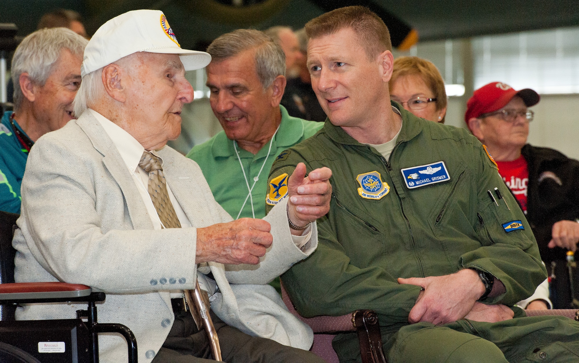 Col. Michael Grismer, 436th Airlift Wing commander, right, talks with Ed Sipowicz, a former Air Transport Command radio operator, left, prior to the unveiling ceremony for the new ATC exhibit in the Air Mobility Command Museum, May 21, 2016, on Dover Air Force Base, Del. The ATC Memorial Association’s assistance and funding made this permanent display possible. (U.S. Air Force photo/Roland Balik)