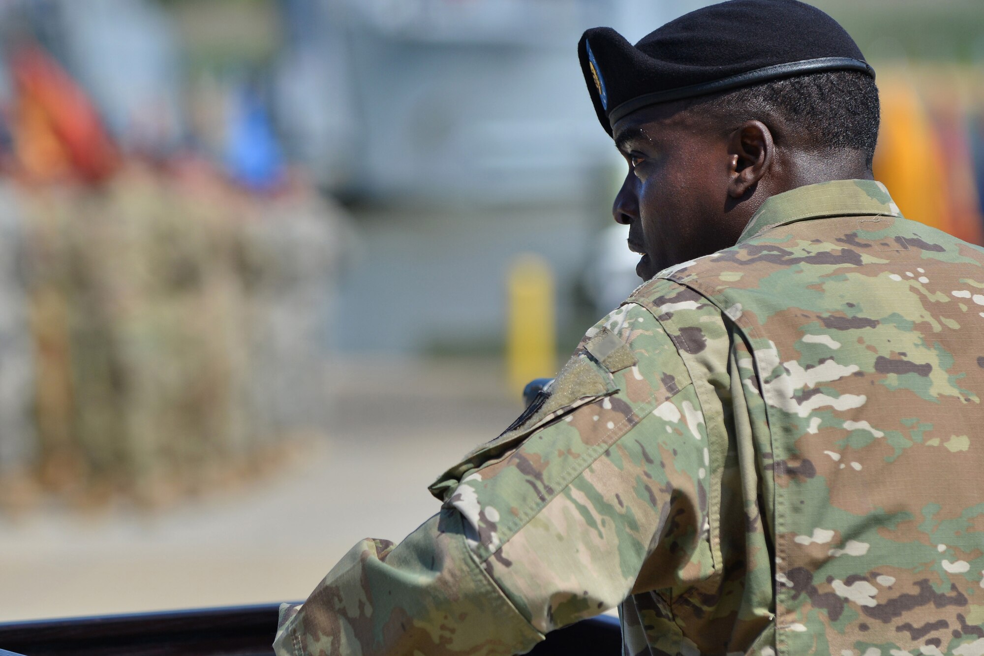 U.S. Army Command Sgt. Maj. Quillar L Ransom Jr., command sergeant major of the 7th Transportation Brigade, speaks to members of the brigade before officially taking responsibility at Fort Eustis, Va., May 26, 2016. Ransom’s previous position was as the command sergeant major of the 302nd Brigade Support Battalion, 1st Armored Brigade Combat Team, 2nd Infantry Division in Camp Casey, Korea. (U. S. Air Force photo by Staff Sgt. Natasha Stannard)