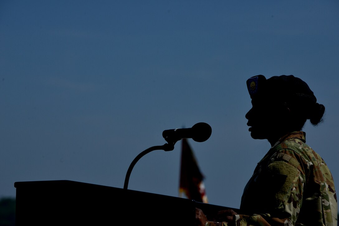 U. S. Army Command Sgt. Maj. Vicki G Culp, former command sergeant major of the 7th Transportation Brigade (Expeditionary), gives her final speech as the 7th TBX CSM during a change of responsibility at Fort Eustis, Va., May 26, 2016. Culp’s next duty position is the command sergeant major of the U.S. Army Transportation Corps in Fort Lee, Va. (U. S. Air Force photo by Staff Sgt. Natasha Stannard)