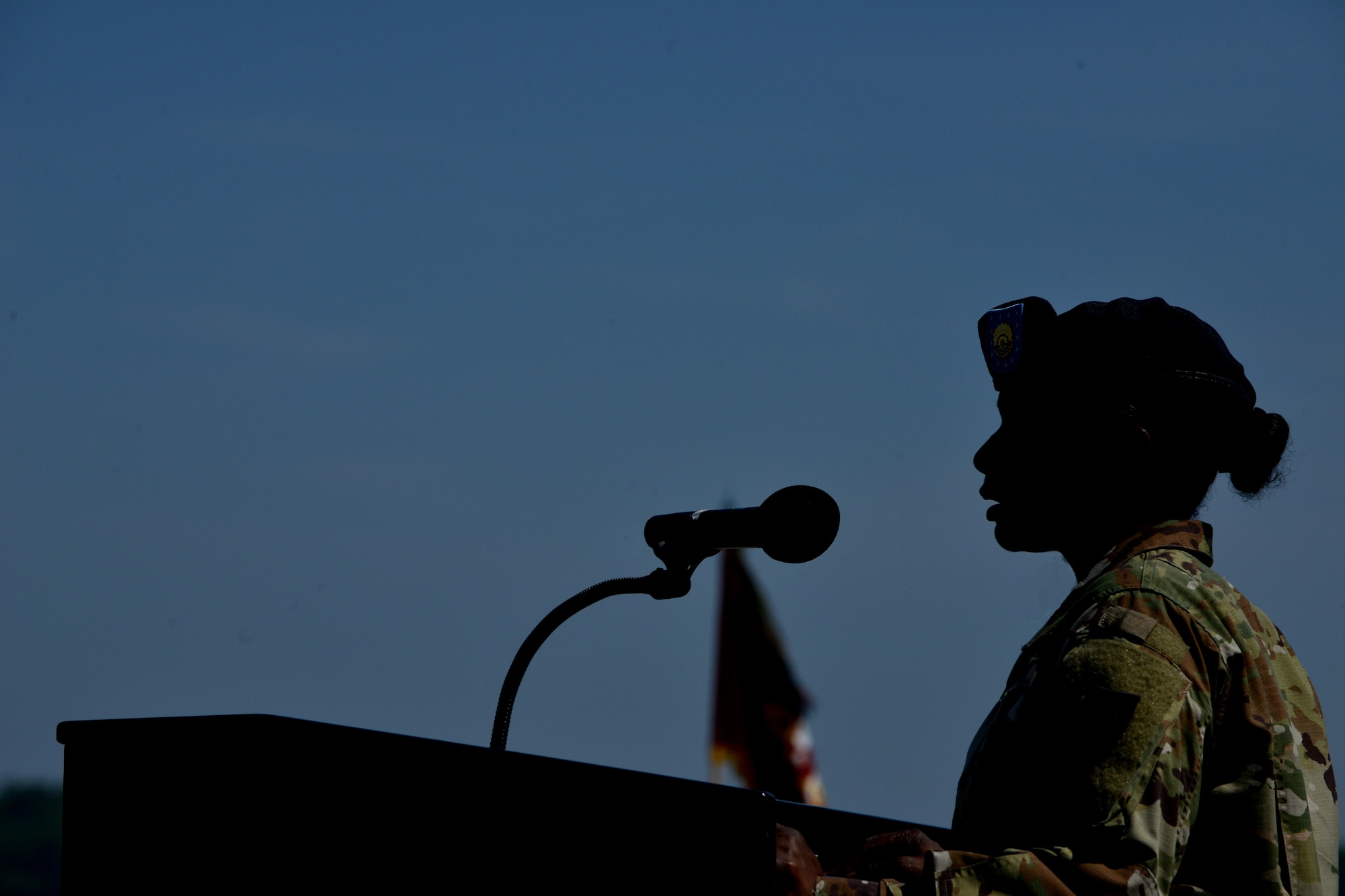 U. S. Army Command Sgt. Maj. Vicki G Culp, former command sergeant major of the 7th Transportation Brigade (Expeditionary), gives her final speech as the 7th TBX CSM during a change of responsibility at Fort Eustis, Va., May 26, 2016. Culp’s next duty position is the command sergeant major of the U.S. Army Transportation Corps in Fort Lee, Va. (U. S. Air Force photo by Staff Sgt. Natasha Stannard)