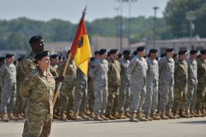 Members of the 7th Transportation Brigade (Expeditionary) stand in formation during the brigade’s change of responsibility ceremony at Fort Eustis, Va., May 26, 2016.   Members of the brigade’s six battalions stood in formation throughout the entire ceremony. (U. S. Air Force photo by Staff Sgt. Natasha Stannard))