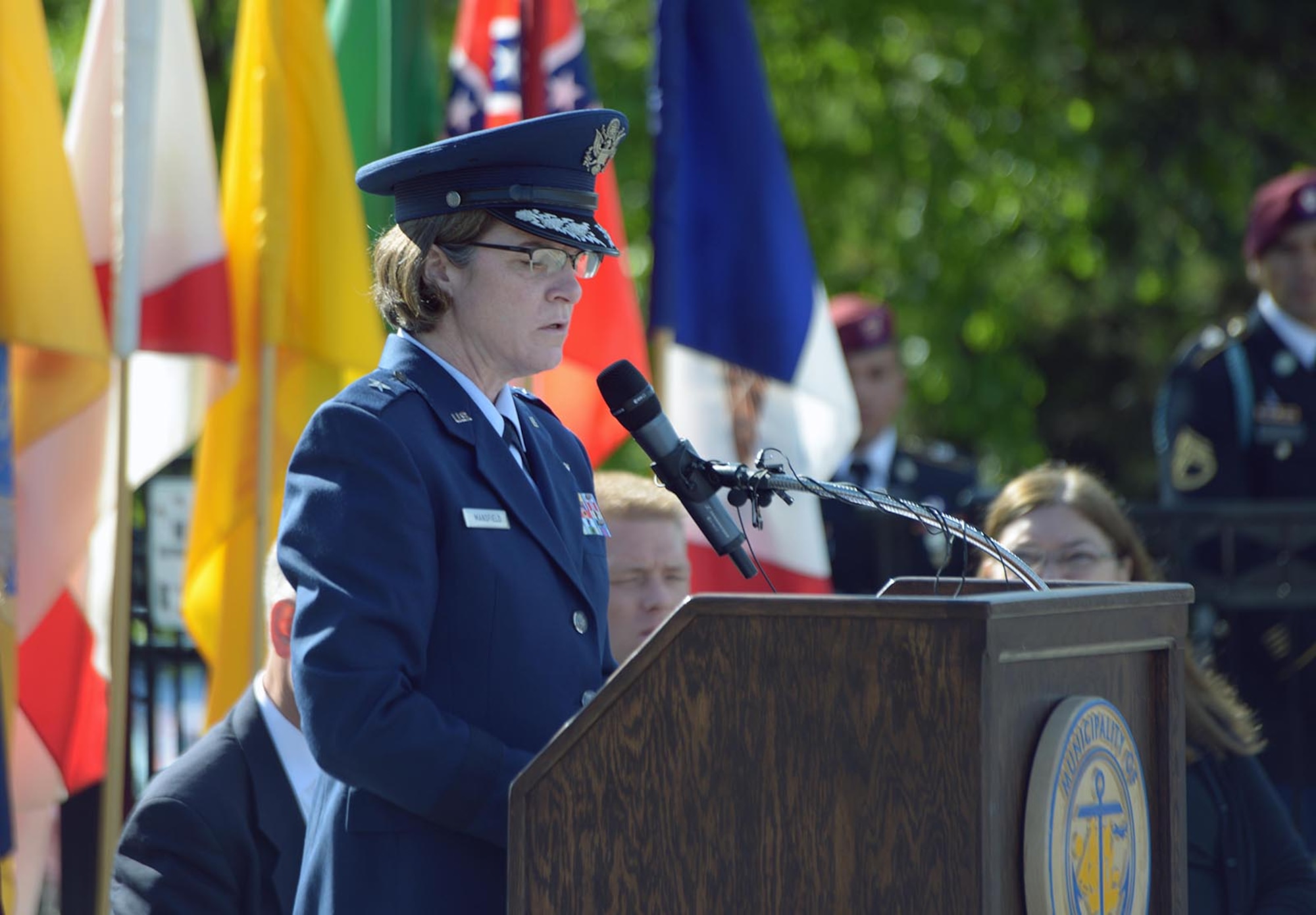 Air Force Brig. Gen. Karen Mansfield, Alaska Air National Guard assistant adjutant general, speaks at the Anchorage annual Memorial Day Ceremony, May 30, 2016. Memorial Day became an official holiday in 1971 with the passage of the National Holiday Act by Congress. (U.S. Air Force Photo by Staff Sgt. William Banton)