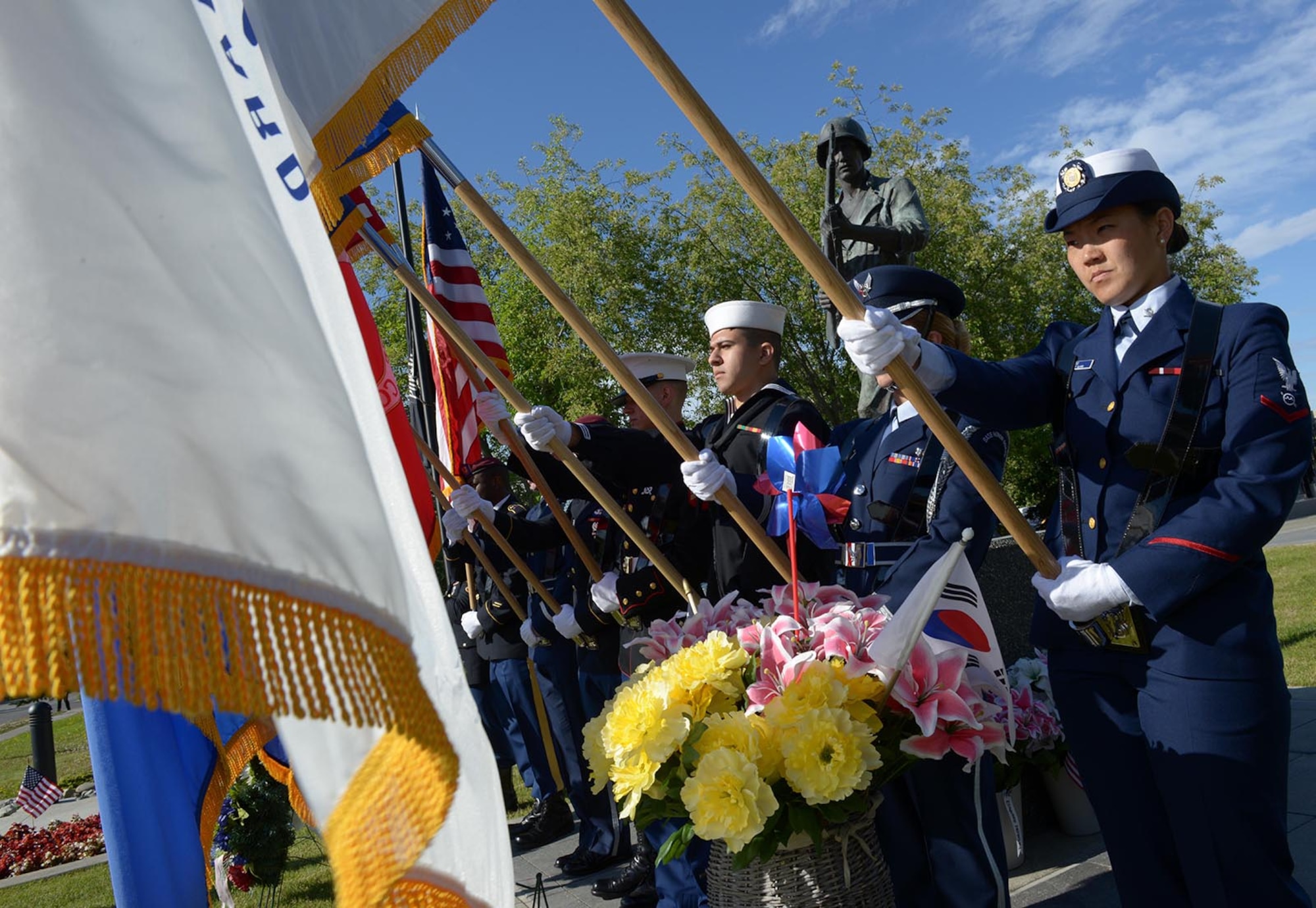 The joint armed forces color team rehearses prior to the city of Anchorage annual Memorial Day Ceremony, May 30, 2016. Memorial Day, originally known as Decoration Day, was established in 1868 by Union veterans as a time for the nation to decorate the graves of those who died during the Civil War. (U.S. Air Force Photo by Staff Sgt. William Banton)