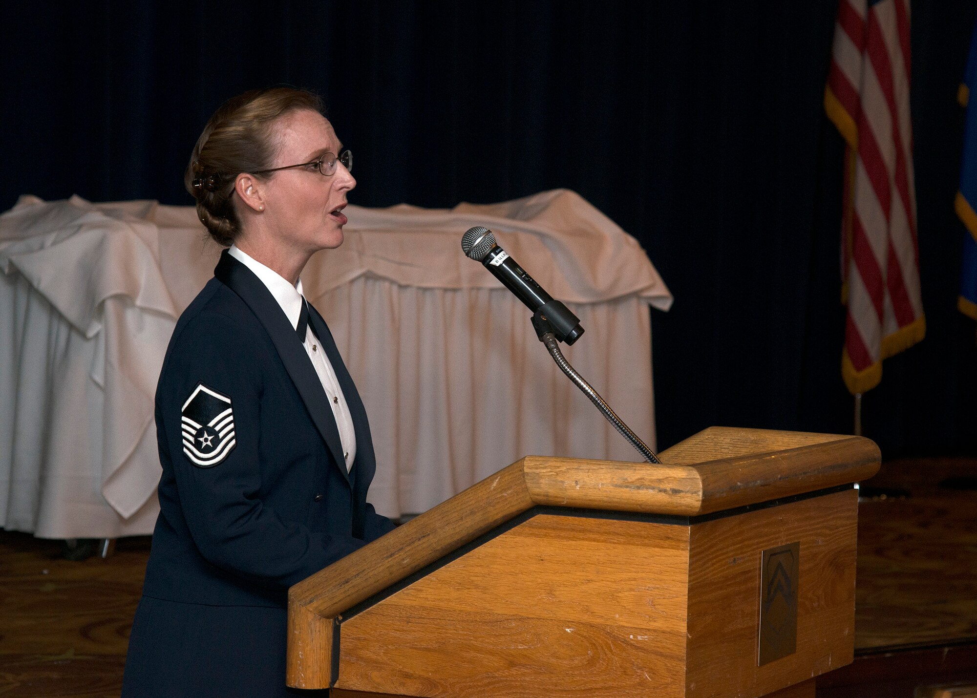 Master Sgt. Anne Baker, soprano vocalist with the U.S. Air Force Singing Sergeants, sang the national anthem for her birth son’s pilot graduation May 20, at Luke Air Force Base, Arizona.