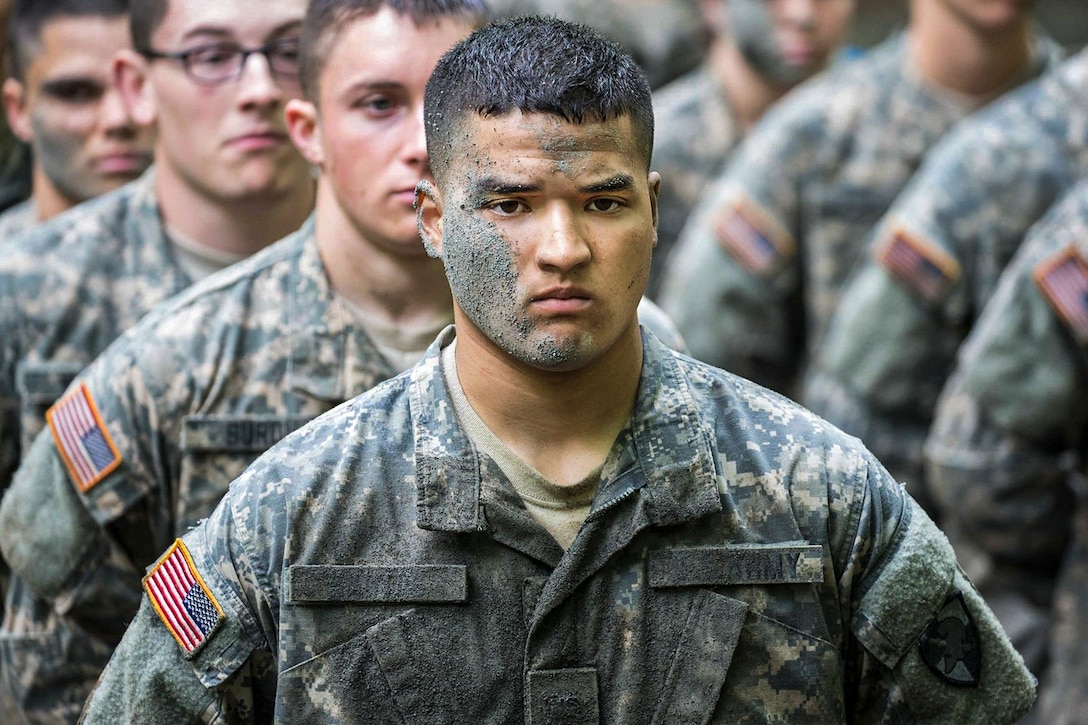 Cadets stand at attention after an air assault course at the U.S. Military Academy in West Point, N.Y., May 24, 2016. The Sabalauski Air Assault School in Fort Campbell, Ky., sent a team to administer the training. Army photo by Staff Sgt. Vito T. Bryant