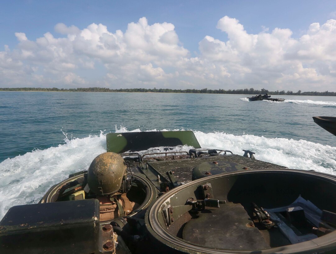DARVEL BAY (May 30, 2016) – U.S. Marines embarked aboard the forward-deployed Whidbey Island Class dock landing ship USS Ashland (LSD 48) , engage in an amphibious transition from ship to shore in support of exercise Cooperation Afloat Readiness and Training. CARAT is a series of annual, bilateral maritime exercises between the U.S. Navy, U.S. Marine Corps and the armed forces of nine partner nations to include Bangladesh, Brunei, Cambodia, Indonesia, Malaysia, Singapore, the Philippines, Thailand and Timor-Leste.  The Marines are assigned to Easy Company, 2nd Battalion, 2nd Marines. (U.S. Navy photo by Lance Cpl. Carl King Jr/. Released)