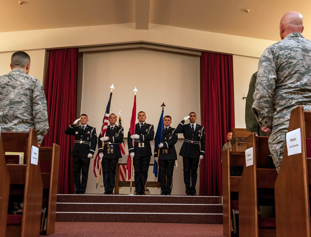 Members of the base honor guard present the colors during the playing of the U.S. and Turkish national anthems at a Memorial Day remembrance ceremony held at the base chapel May 27, 2016, at Incirlik Air Base, Turkey. Memorial Day was originally founded to honor fallen soldiers from the Civil War, now Memorial Day honors all Americans who died in military service. (U.S. Air Force photo by Staff Sgt. Jack Sanders/Released)