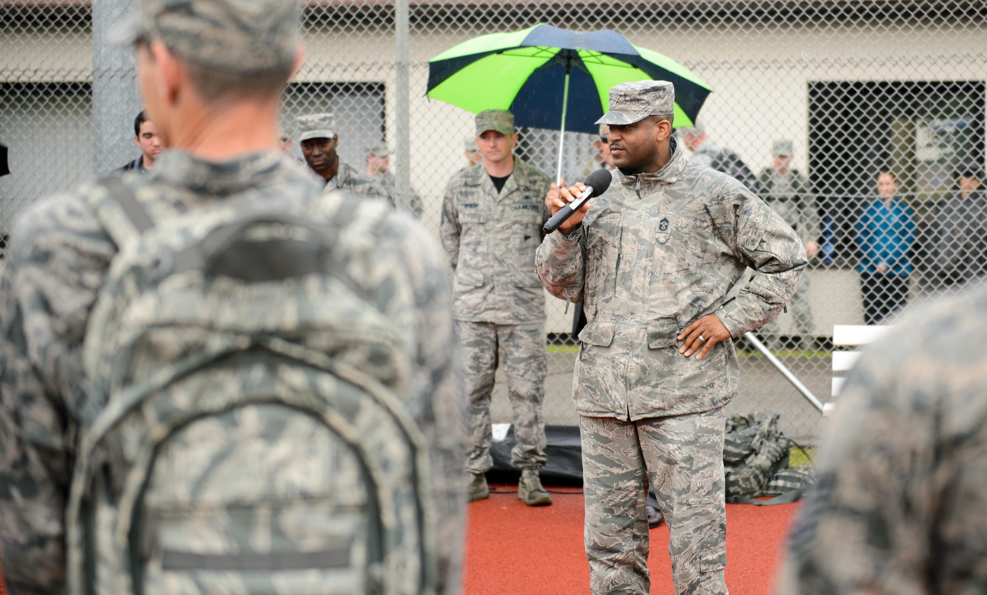 Chief Master Sgt. Phillip Easton, 86th Airlift Wing command chief, speaks at a memorial run at Ramstein Air Base, Germany, May 27, 2016. Easton, and the chiefs group hosted the first Chief Master Sgt. Paul Airey Memorial ruck-run to commemorate the march Airey completed during his time as a prisoner of war. (U.S. Air Force photo/Staff Sgt. Armando A. Schwier-Morales) 