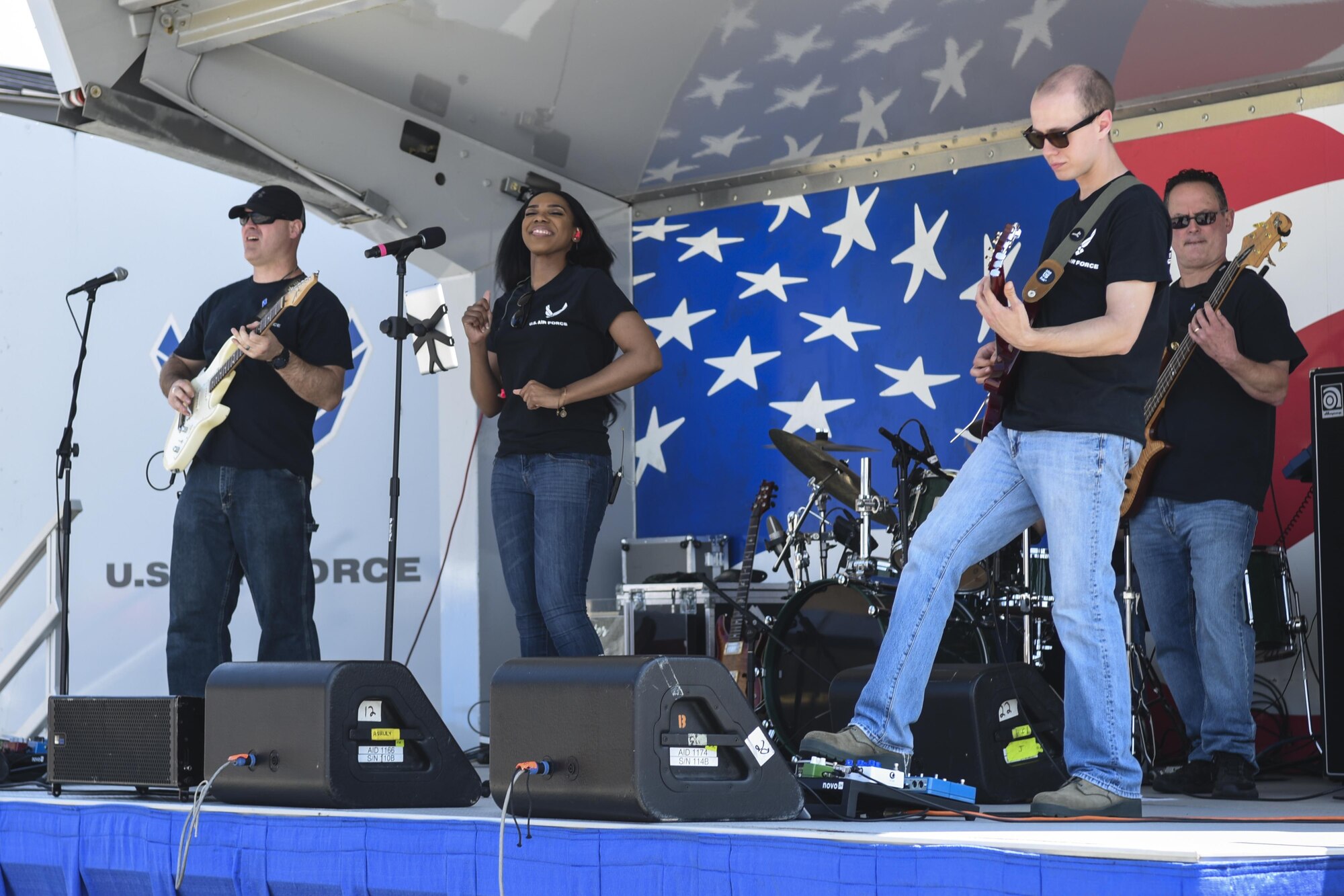 Members of Blue Aces, United States Air Force Heritage of America Band, play a set during a Make It Better Club Day event, May 26, 2016, at Seymour Johnson Air Force Base, North Carolina. Along with live music, the club day also featured approximately 20 food trucks and more than 60 clubs. (U.S. Air Force photo by Airman Shawna L. Keyes/Released)    
