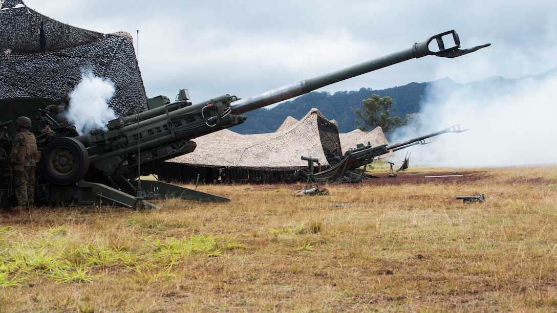 Marines from Alpha Battery, 1st Battalion, 12th Marine Regiment’s “Kings of Battles,” fire off artillery rounds from their M777 Lightweight 155mm howitzers during Spartan Fury, an annual pre-deployment exercise, aboard the Schofield Range Facility on May 4th, 2016.  Spartan Fury is one of three annual battalion level exercises to help improve sustainment training for future deployments. The objective of this five-day exercise is to support 3rd Regiment by providing direct and indirect artillery strikes. 