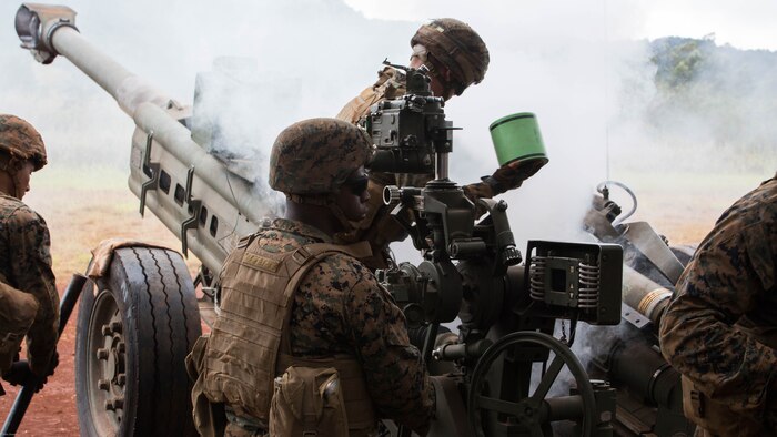 Marines from Alpha Battery, 1st Battalion, 12th Marine Regiment’s “Kings of Battles,” rearm an M777 Lightweight 155mm howitzer during Spartan Fury, an annual pre-deployment exercise, aboard the Schofield Range Facility on May 4th, 2016.  Spartan Fury is one of three annual battalion level exercises to help improve sustainment training for future deployments. The objective of this five-day exercise is to support 3rd Regiment by providing direct and indirect artillery strikes. 