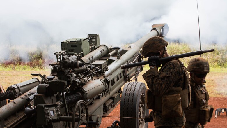 Marines from Alpha Battery, 1st Battalion, 12th Marine Regiment’s “Kings of Battles,” fire off an artillery round from an M777 Lightweight 155mm howitzer during Spartan Fury, an annual pre-deployment exercise, aboard the Schofield Range Facility on May 4th, 2016.  Spartan Fury is one of three annual battalion level exercises to help improve sustainment training for future deployments. The objective of this five-day exercise is to support 3rd Regiment by providing direct and indirect artillery strikes. 