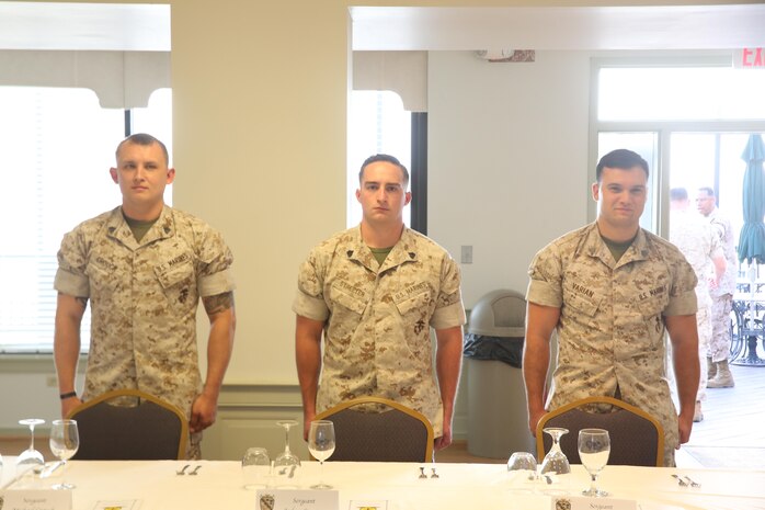 NAVAL SUPPORT FACILITY INDIAN HEAD, Md. – Corporals with Chemical Biological Incident Response Force (CBIRF), U.S. Marine Corps Forces Command (MARFORCOM), graduate from command sponsored Corporals Leadership Course during a ceremony at Naval Support Facility Indian Head, Md., May 27, 2016. The night before, the Marines tested their refined customs and courtesies during a Mess Night with Gunnery Sgt. Amber T. Chavarria, faculty advisor at Staff Noncommissioned Officer Academy, Marine Corps Base Quantico, Va., as the event’s guest of honor. The noncommissioned officers completed the 3 week course curriculum that included sword and guidon manual, land navigation, Marine Corps promotion system for sergeants and below and other small unit leader skills and traits. (Official USMC Photos by Sgt. Santiago G. Colon Jr. and Sgt. Jonathan S. Herrera)
