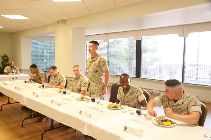 NAVAL SUPPORT FACILITY INDIAN HEAD, Md. – Corporals with Chemical Biological Incident Response Force (CBIRF), U.S. Marine Corps Forces Command (MARFORCOM), graduate from command sponsored Corporals Leadership Course during a ceremony at Naval Support Facility Indian Head, Md., May 27, 2016. The night before, the Marines tested their refined customs and courtesies during a Mess Night with Gunnery Sgt. Amber T. Chavarria, faculty advisor at Staff Noncommissioned Officer Academy, Marine Corps Base Quantico, Va., as the event’s guest of honor. The noncommissioned officers completed the 3 week course curriculum that included sword and guidon manual, land navigation, Marine Corps promotion system for sergeants and below and other small unit leader skills and traits. (Official USMC Photos by Sgt. Santiago G. Colon Jr. and Sgt. Jonathan S. Herrera)