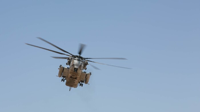 A CH-53 ‘Super Stallion’ flies near the Combat Ville training area aboard Marine Corps Air Station Yuma, Ariz., during Integrated Training Exercise 3-16, May 29, 2016. 