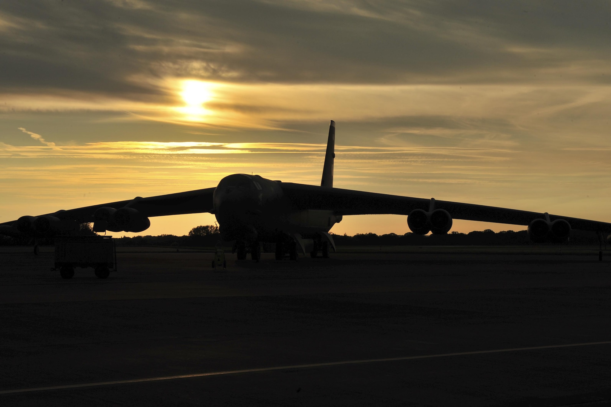 A B-52H Stratofortress forward deployed to Royal Air Force Fairford, England, awaits a training mission in support of either, BALTOPS or Saber Strike. The focus of Saber Strike is to promote interoperability with regional partners and improve joint operational capabilities in a variety of missions. The goal of BALTOPS is to promote mutual understanding, confidence, cooperation and interoperability among forces and personnel of participating nations. (U.S. Air Force photo/Senior Airman Malia Jenkins)