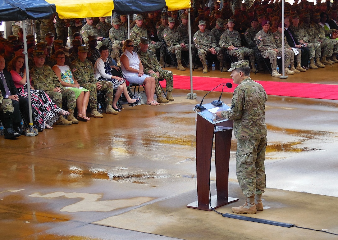 Lt. Gen. Jeffrey W. Talley, Chief of Army Reserve and Commanding General of  U.S. Army Reserve Command, provides closing remarks, commenting on his service with the U.S. Army Reserve during his tenure at the U.S. Army Reserve Command Relinquishment of Command Ceremony held at Marshall Hall, Fort Bragg, N.C., June 1, 2016. The ceremony recognized and honored the contribution the Talley family has given to the U.S. Army Reserve as Lt. Gen. Talley relinquishes his command prior to the appointment of his replacement. (U.S. Army Reserve photo by Lt. Col. Kristian Sorensen)