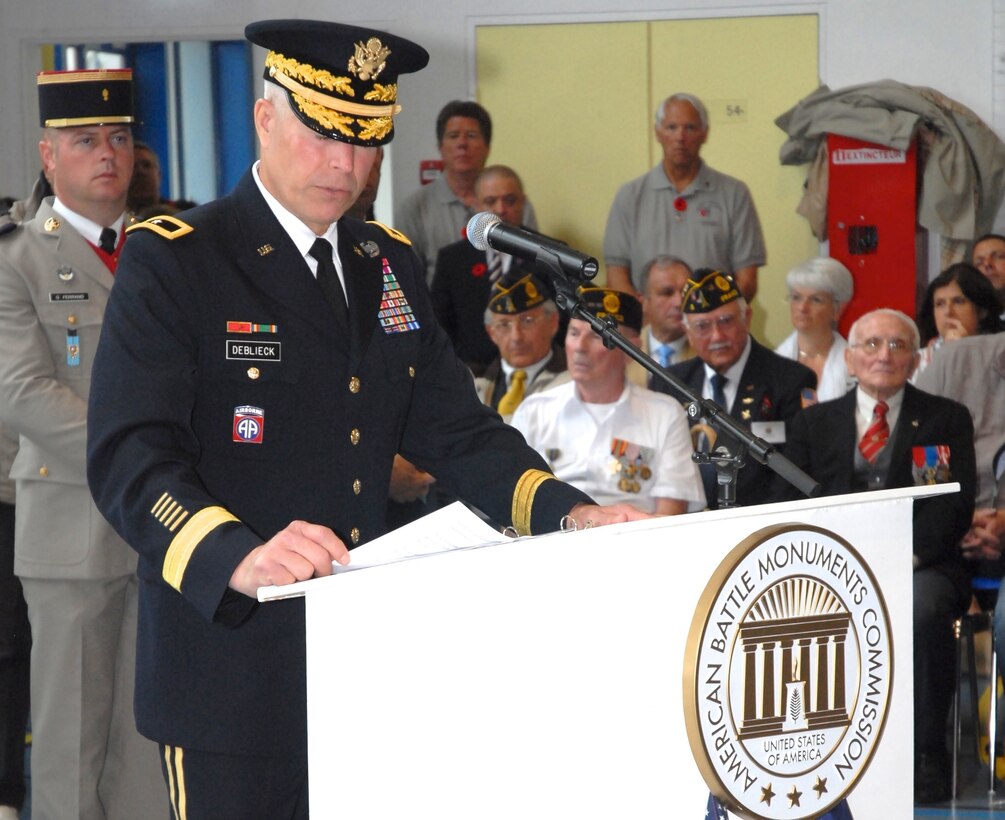 Brig. Gen. Arlan DeBlieck, the commanding general of the 7th Mission Support Command and the deputy commanding general of the 21st Theater Sustainment Command, was one of the speakers during the Memorial Day 2016 ceremony May 29, 2016 at the Rhone American Cemetery in  Draguignan, France. (Photo courtesy Rhone American Cemetery)