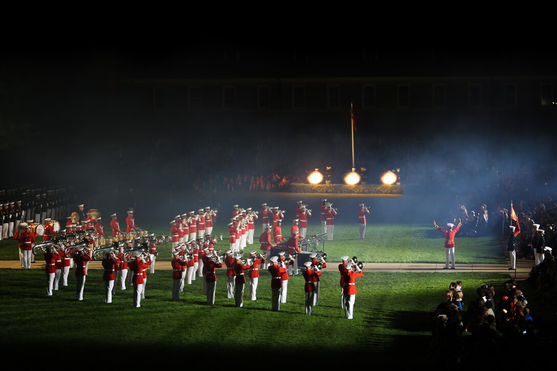 "The Commandant's Own," The United States Marine Drum & Bugle Corps performs 'Ode to Joy' during the Friday Evening Parade at Marine Barracks Washington, DC on Friday, May 27th. 'Ode to Joy' is performed with a saluting battery from the Marine Corps Body Bearer Section and concludes with a finale' of cannon fire. (Official Marine Corps Photo/ Released)
