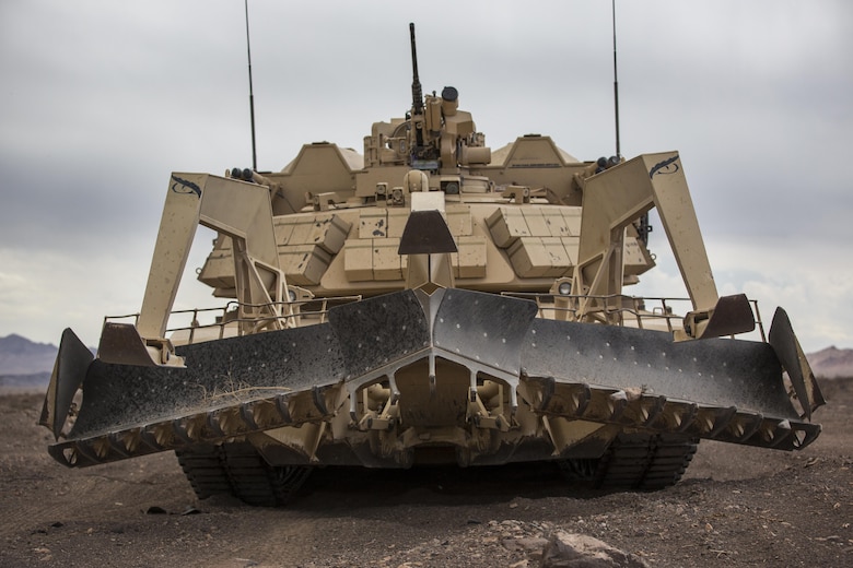 An Assault Breacher Vehicle with 2nd Combat Engineer Battalion, 2nd Marine Division, idles in the Black Top Training Area aboard Marine Corps Air Ground Combat Center Twentynine Palms, Calif., May 17, 2016. Various units from 2nd Marine Division participated in Integrated Training Exercise 3-16 in preparation for their deployment with Special Purpose Marine Air Ground Task Force-Crisis Response-Africa. (Official Marine Corps photo by Lance Cpl. Levi Schultz/Released)