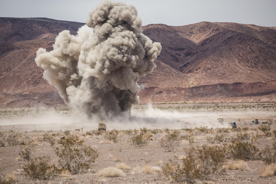 Marines with 2nd Combat Engineer Battalion, 2nd Marine Division, conduct a breaching operation in the Black Top Training Area aboard the Marine Corps Air Ground Combat Center Twentynine Palms, Calif., May 17, 2016. Various units from 2nd Marine Division participated in Integrated Training Exercise 3-16 in preparation for their deployment with Special Purpose Marine Air Ground Task Force-Crisis Response-Africa. (Official Marine Corps photo by Lance Cpl. Levi Schultz/Released)