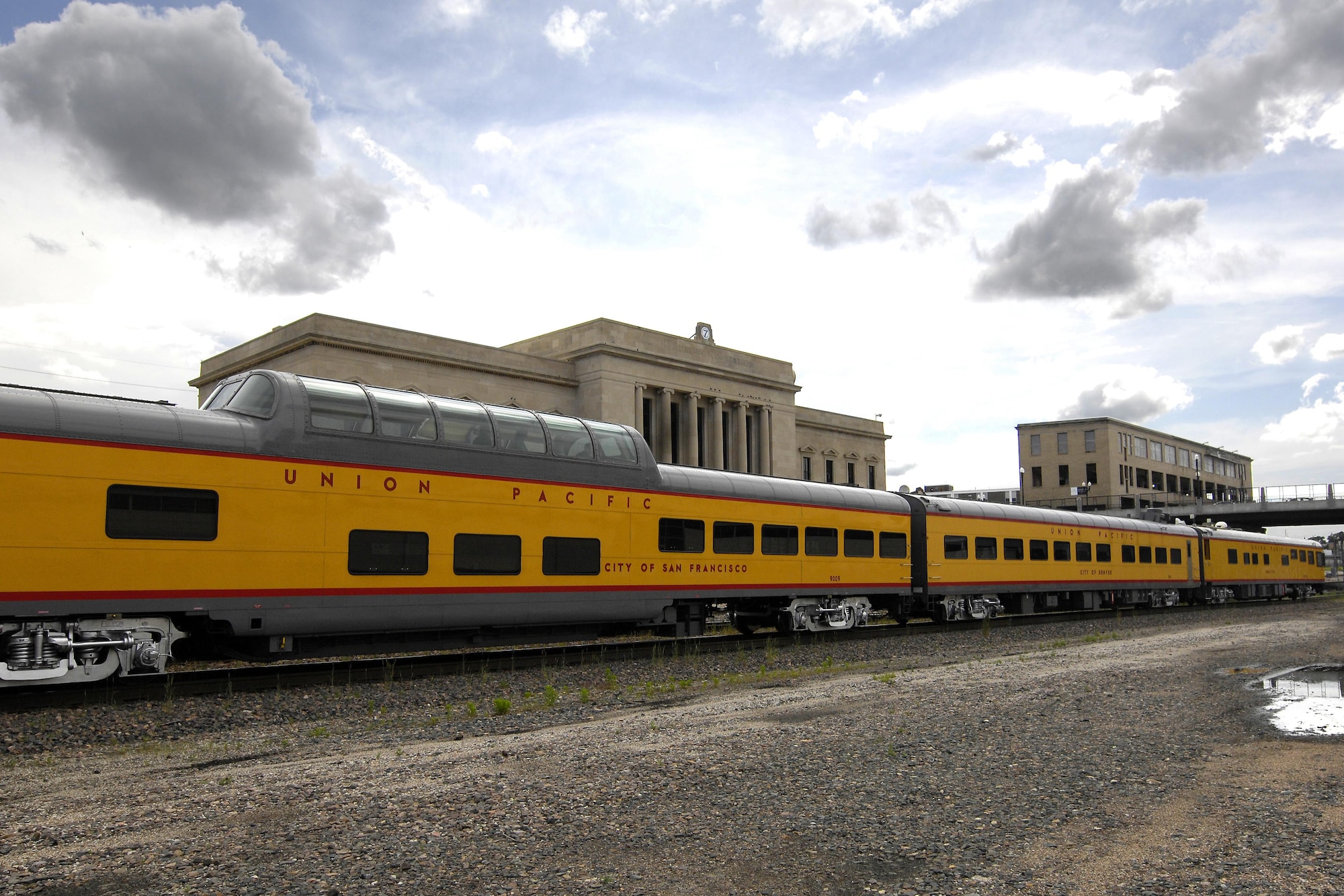 The Union Pacific's historical Western Heritage Fleet of railcars sits on the tracks after returning from a tip to Grand Island, Neb. May 27. Members of Team Offutt were given a day-long train ride where they learned about UP and the company's mission. (U.S. Air Force photo by Delanie Stafford)