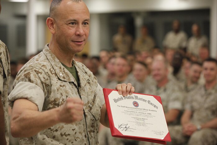 NAVAL SUPPORT FACILITY INDIAN HEAD, Md. – Corporals with Chemical Biological Incident Response Force (CBIRF), U.S. Marine Corps Forces Command (MARFORCOM), graduate from command sponsored Corporals Leadership Course during a ceremony at Naval Support Facility Indian Head, Md., May 27, 2016. The night before, the Marines tested their refined customs and courtesies during a Mess Night with Gunnery Sgt. Amber T. Chavarria, faculty advisor at Staff Noncommissioned Officer Academy, Marine Corps Base Quantico, Va., as the event’s guest of honor. The noncommissioned officers completed the 3 week course curriculum that included sword and guidon manual, land navigation, Marine Corps promotion system for sergeants and below and other small unit leader skills and traits. (Official USMC Photos by Sgt. Santiago G. Colon Jr. and Sgt. Jonathan S. Herrera)