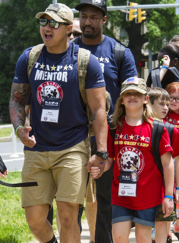 A mentor and a young girl walk hand-in-hand on the way to a park during the Tragedy Assistance Program for Survivors (TAPS) National Military Survivors Seminar and Good Grief Camp in Crystal City, Va., on May 29. TAPS is an organization that provides support to people who are affected by the death of a military service member. (U.S. Army photo by Spc. Victoria Friend)