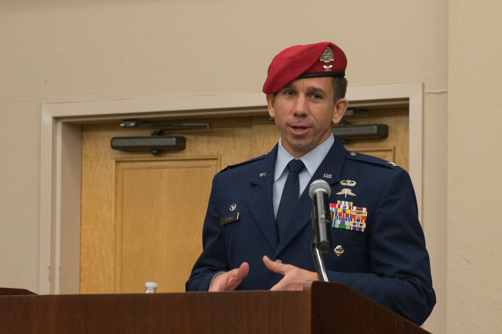 Col. Ronald Stenger, the inaugural commander for the Battlefield Airman Training Group, addresses the audience during the BA TG activation ceremony June 2, 2016, at Joint Base San Antonio-Lackland, Texas. The BA TG encompasses five subordinate squadrons, whose members will train the Air Force's conventional and special operations ground forces, including combat controllers, pararescuemen, special operations weathermen and tactical air control party Airmen. (U.S. Air Force photo by Senior Airman Krystal Wright)