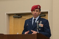Col. Ronald Stenger, the inaugural commander for the Battlefield Airman Training Group, addresses the audience during the BA TG activation ceremony June 2, 2016, at Joint Base San Antonio-Lackland, Texas. The BA TG encompasses five subordinate squadrons, whose members will train the Air Force's conventional and special operations ground forces, including combat controllers, pararescuemen, special operations weathermen and tactical air control party Airmen. (U.S. Air Force photo by Senior Airman Krystal Wright)