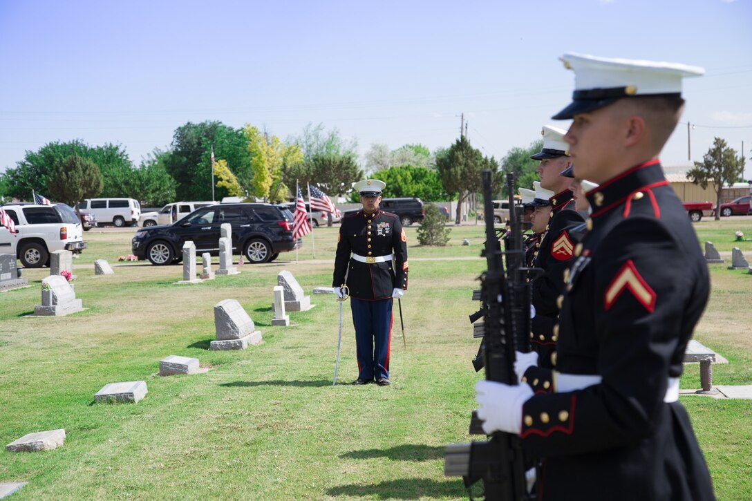 Marines with Motor Transportation Company, Combat Logistics Battalion 453, Combat Logistics Regiment 4, 4th Marine Logistics Group, Marine Forces Reserve, prepare to fire three rifle volleys in honor of Pfc. Elmer L. Mathies during a memorial service in Hereford, Texas, May 28, 2016. Mathies is a World War II veteran who was killed in action during the Battle of Tarawa in 1943. His remains were found and recovered on the island in 2015 by the nonprofit organization History Flight, which is dedicated to preserving and honoring World War II, Vietnam and Gulf War combat veterans.  (U.S. Marine Corps photo by Staff Sgt. Ryan Ramirez/ Released)