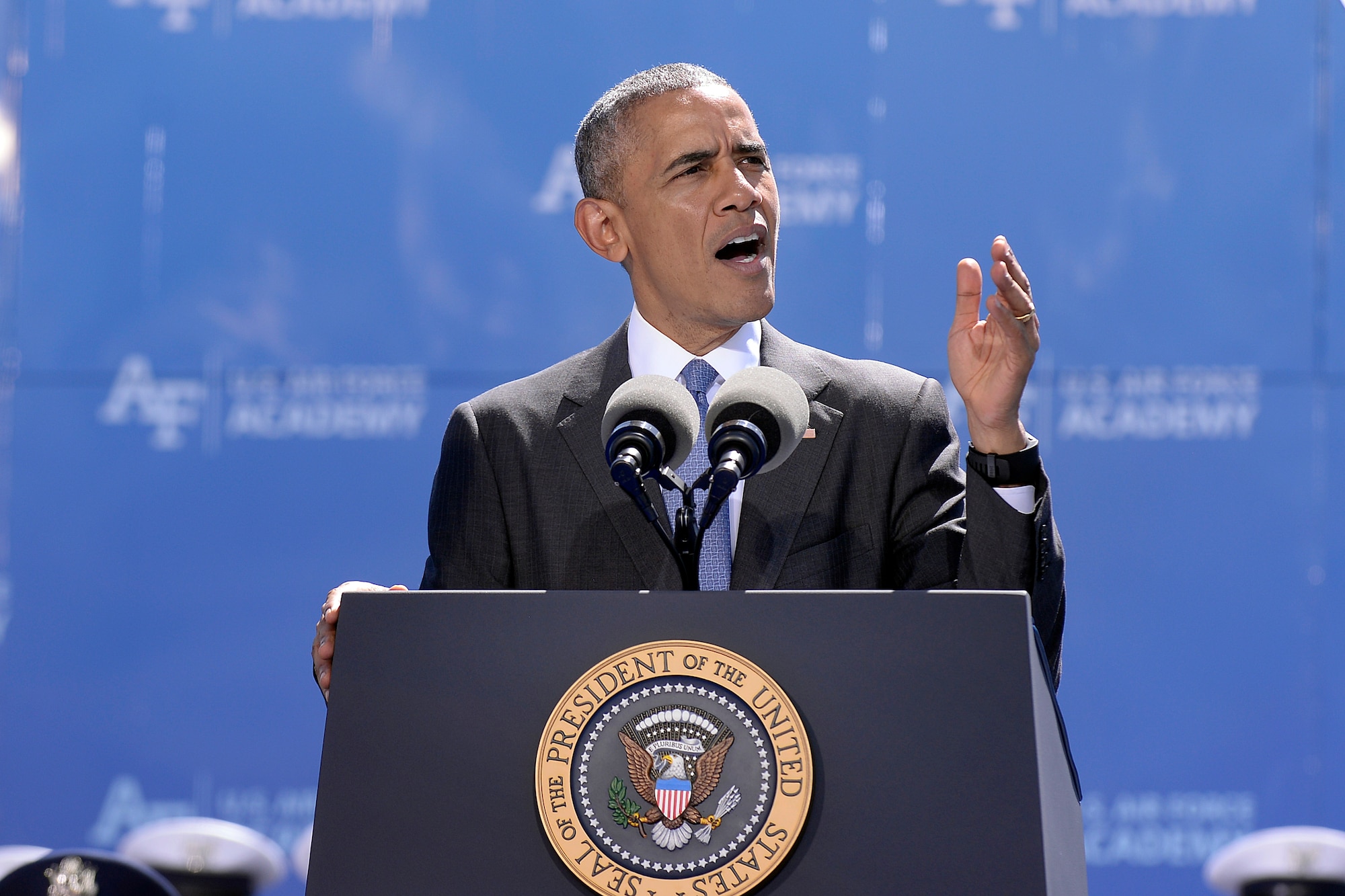 President Barack Obama delivers the commencement address to the Class of 2016 at the U.S. Air Force Academy in Colorado Springs, Colo., June 2, 2016. Air Force photo by Bill Evans