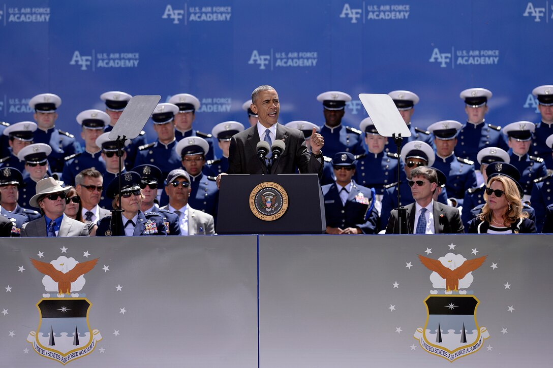 President Barack Obama delivers the commencement address for the Class of 2016 at the U.S. Air Force Academy in Colorado Springs, Colo., June 2, 2016. The 821 graduates are the Air Force's newest second lieutenants. Air Force photo by Mike Kaplan