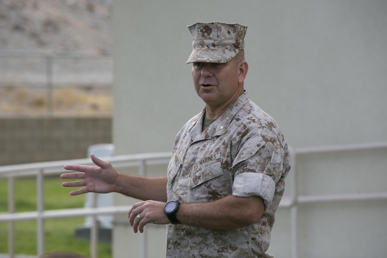 Lt. Col. Dennis A. Sanchez, commanding officer, Headquarters Battalion, addresses Marines, sailors, veterans and community members outside the Protestant Chapel before the Substance Abuse Program’s Freedom to Ride, Ride for Freedom Sober Motorcycle Ride May 20, 2016. More than 40 motorcycle riders attended the event to raise awareness of the dangers of substance abuse. (Official Marine Corps photo by Lance Cpl. Dave Flores/Released)