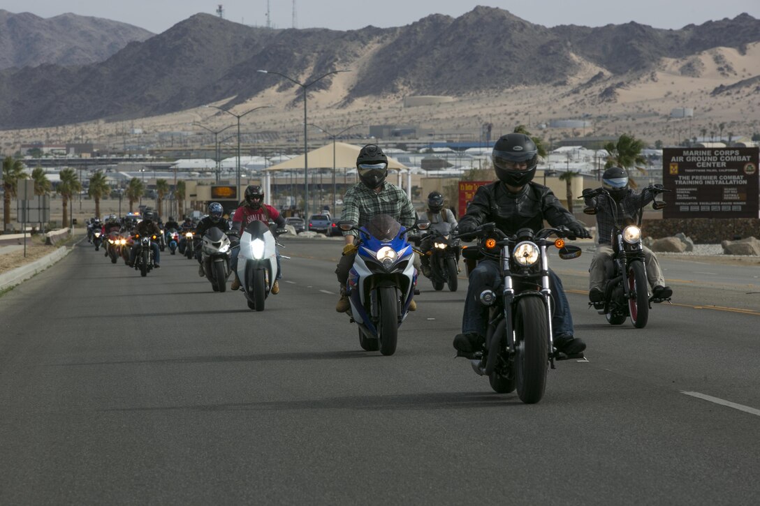 Marines, sailors, veterans and community members leave the Combat Center during the Substance Abuse Program’s Freedom to Ride, Ride for Freedom Sober Motorcycle Ride May 20, 2016. More than 40 motorcycle riders attended the event to raise awareness of the dangers of substance abuse. (Official Marine Corps photo by Lance Cpl. Dave Flores/Released)