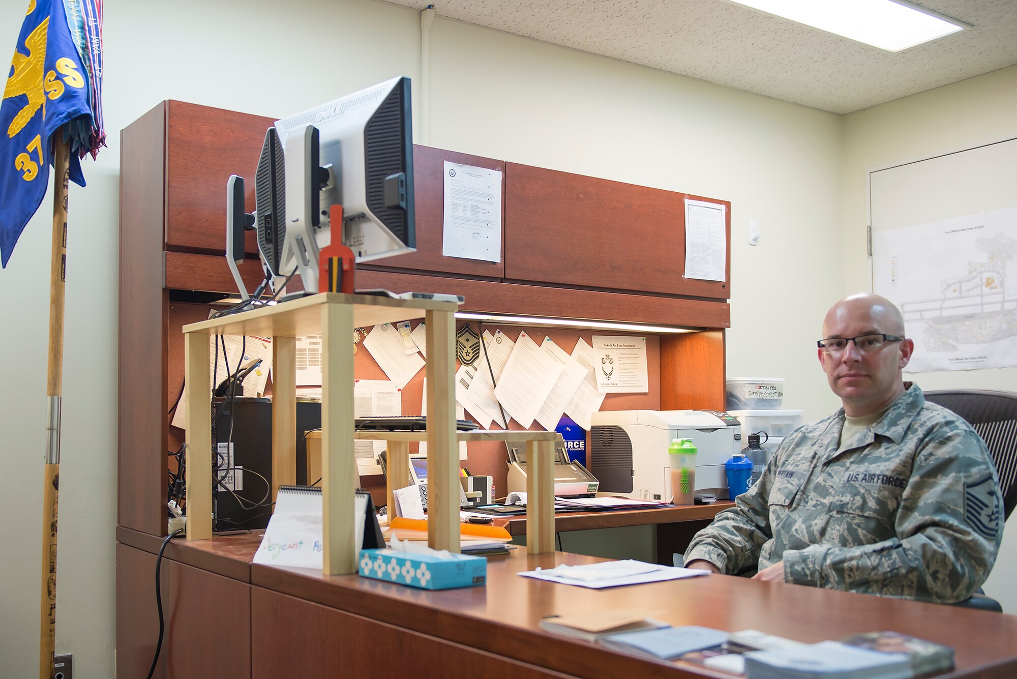 Master Sgt. Michael Pertain, 374th Force Support Squadron and Wing Staff Agency first sergeant, poses for a photo at Yokota Air Base, Japan, May 18, 2016. Pertain was vectored for first sergeant duty through the Developmental Special Duty program and YAB is his first assignment in that role. (U.S. Air Force photo by Senior Airman David C. Danford/Released)