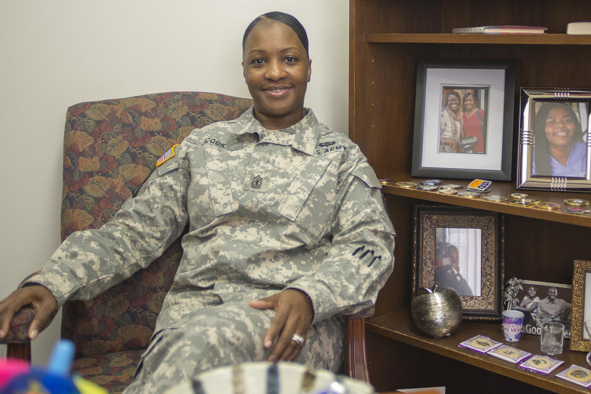 1st Sgt. Donna Cook, U.S. Forces, Japan and 5th Air Force first sergeant, poses for a photo at Yokota Air Base, Japan, May 20, 2016. The role of a first sergeant has existed for longer than the Air Force and was adopted from the Army during its formation in 1947. (U.S. Air Force photo by Senior Airman David C. Danford/Released)