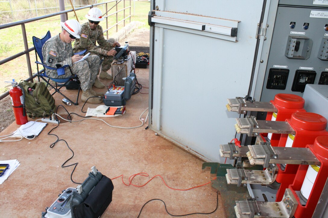 HELEMANO MILITARY RESERVATION, Hawaii (May 24, 2016) --   Power Station Mechanic Sgt. Issac Lower (left) and Electrician Sgt. Jonathan Medina test and verify electrical breaker circuitry at the Helemano substation during a two-week scheduled maintenance in support of the USAG-Hawaii Directorate of Public Works.