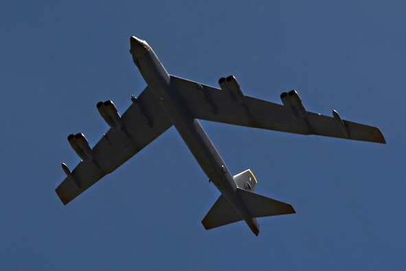 A B-52 Stratofortress from Minot Air Force Base, ND, arrives June 2, 2016, at Andersen AFB, Guam. The aircraft is deployed in support of U.S. Pacific Command’s Continuous Bomber Presence operations. This forward deployed presence demonstrates continuing U.S. commitment to stability and security in the Indo-Asia-Pacific region. The U.S. military has maintained a deployed strategic bomber presence in the Pacific since March 2004, which has contributed significantly to regional security and stability. (U.S. Air Force photo by Airman 1st Class Alexa Ann Henderson/Released)