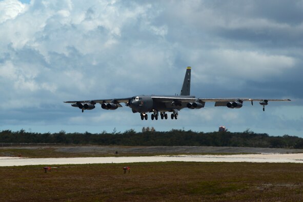 A B-52 Stratofortress from Minot Air Force Base, ND, prepares to touchdown June 2, 2016, at Andersen Air Force Base, Guam. The aircraft is deployed in support of U.S. Pacific Command’s Continuous Bomber Presence operations. This forward deployed presence demonstrates continuing U.S. commitment to stability and security in the Indo-Asia-Pacific region. These aircraft and the men and women who fly and support them provide a significant capability that enables U.S. readiness and commitment to deterrence, provides assurances to allies, and strengthens regional security and stability in the Indo-Asia-Pacific region. (U.S. Air Force photo by Airman 1st Class Alexa Ann Henderson/Released)
