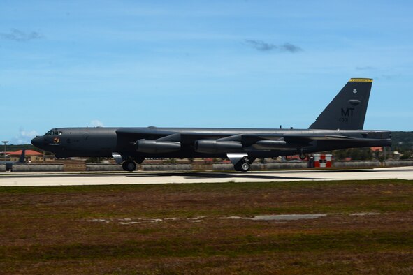 A B-52 Stratofortress from Minot Air Force Base, ND, prepares to touchdown June 2, 2016, at Andersen Air Force Base, Guam. The aircraft is deployed in support of U.S. Pacific Command’s Continuous Bomber Presence operations. This forward deployed presence demonstrates continuing U.S. commitment to stability and security in the Indo-Asia-Pacific region. (U.S. Air Force photo by Airman 1st Class Alexa Ann Henderson/Released)