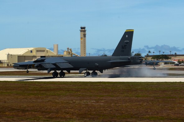 A B-52 Stratofortress from Minot Air Force Base, ND, prepares to touchdown June 2, 2016, at Andersen Air Force Base, Guam. The aircraft is deployed in support of U.S. Pacific Command’s Continuous Bomber Presence operations. These deployments provide opportunities to advance and strengthen alliances as well as strengthen long-standing military-to-military partnerships. (U.S. Air Force photo by Airman 1st Class Alexa Ann Henderson/Released)