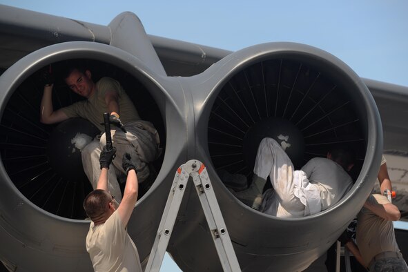 Members of the 36th Expeditionary Aircraft Maintenance Squadron conduct a post-flight inspection on a B-52 Stratofortress after its arrival June 2, 2016, at Andersen Air Force Base, Guam. The U.S. Pacific Command has maintained a rotational strategic bomber presence in the region for more than a decade. These aircraft and the men and women who fly and support them provide a significant capability that enables U.S. readiness and commitment to deterrence, provides assurances to allies, and strengthens regional security and stability in the Indo-Asia-Pacific region. (U.S. Air Force photo by Airman 1st Class Alexa Ann Henderson/Released)   