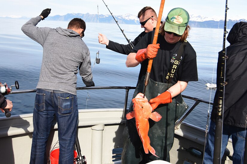 Volunteer deck hand Kyle Collins prepares a yellow-eyed rockfish for the fish box as military anglers wet their lines in the 10th Annual Armed Services Combat Fishing Tournament May 26 aboard the Seward Military Resort boat, Snowbird. The tournament, hosted by the city of Seward and the Armed Services YMCA, gave more than 200 military anglers stationed in Alaska a free day of halibut fishing to thank them for their service. (U.S. Army photo by John Pennell)