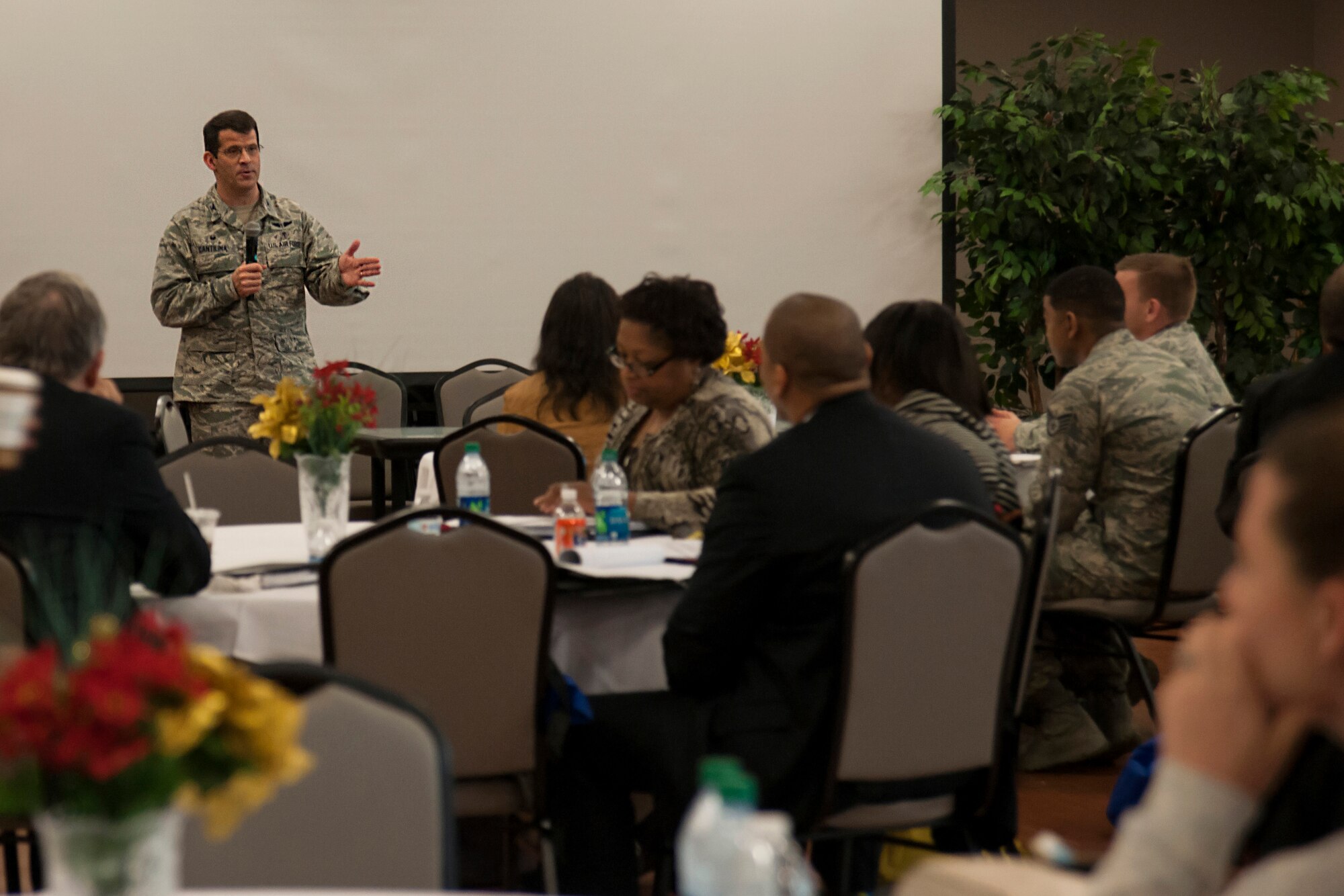 Col. Thomas Cantilina, 779th Medical Group commander, speaks during the 11th Wing Small Business Summit held at the Community Commons at Joint Base Andrews, Md., May 17, 2016. The summit aims to combine opportunities at JBA with services provided by small businesses in order to develop and maintain beneficial relationships. (U.S. Air Force photo by Airman Gabrielle Spalding)