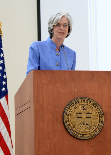 U.S. Rep. Katherine Clark speaks at the Hanscom Middle School ribbon cutting ceremony at Hanscom Air Force Base, Mass., earlier today. The school is operated by the Lincoln School Department under contract to the Department of Defense Education Activity and supports students in fourth through eighth grade. (U.S. Air Force photo by Linda LaBonte Britt) 