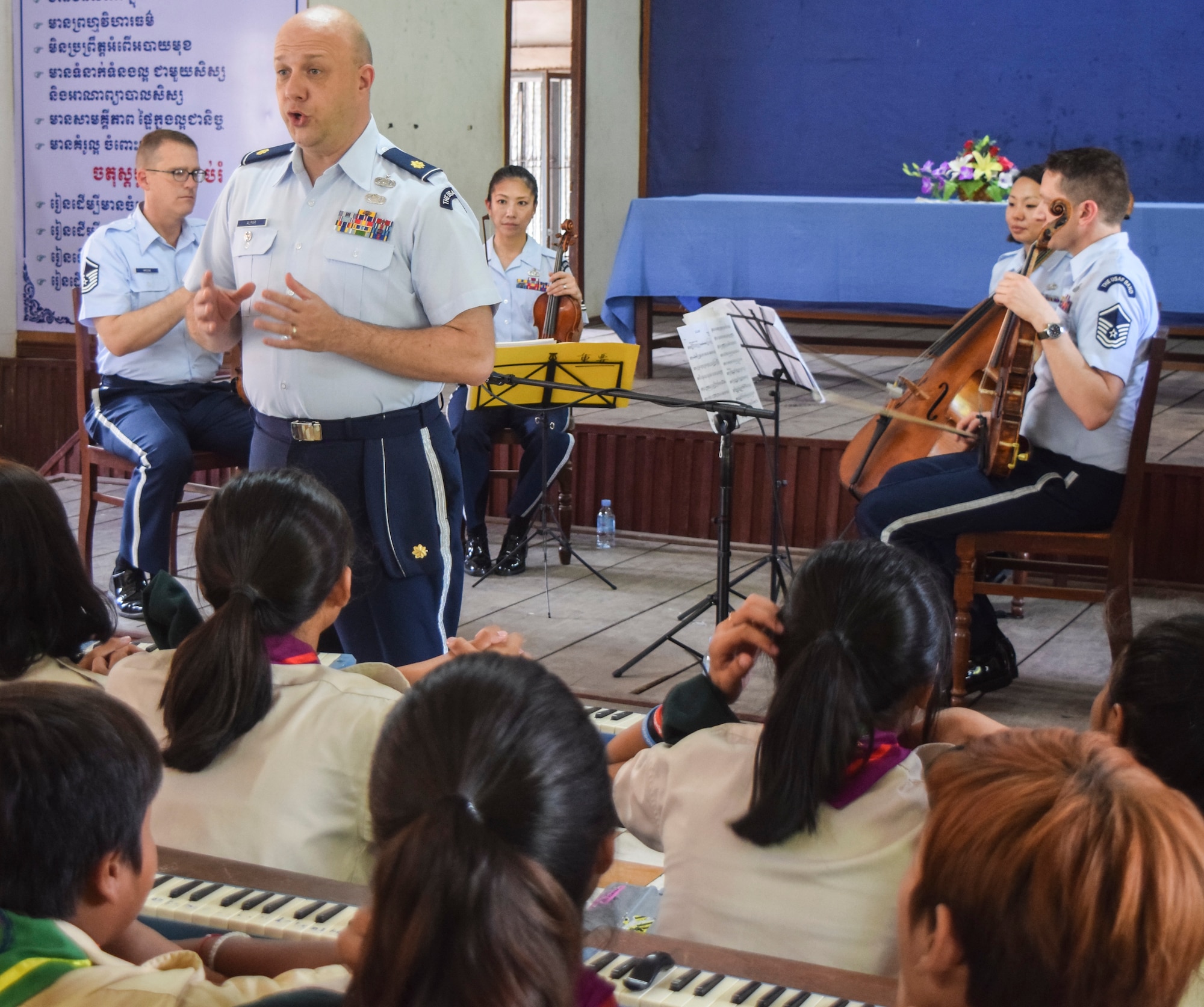 Maj David Alpar introduces the USAF Strings to students at the Wat Koh High School in Phnom Penh.   (U.S. Air Force Photo/SSgt Benjamin Landon)
