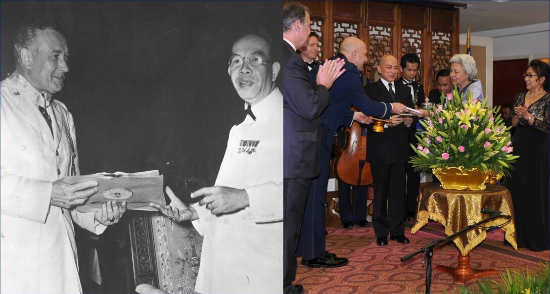 (left) Col George S. Howard presents a recording of the USAF Band to the King of Cambodia during a concert in 1956 (Photographer unknown) (right) Maj David A. Alpar presents recordings of the USAF Band to the King and Queen Mother of Cambodia 
(U.S. State Department Photo/Mr. C. J. Woods)
